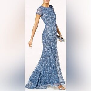 Adrianna Papell Blue Sequin Cap-Sleeve Evening Gown